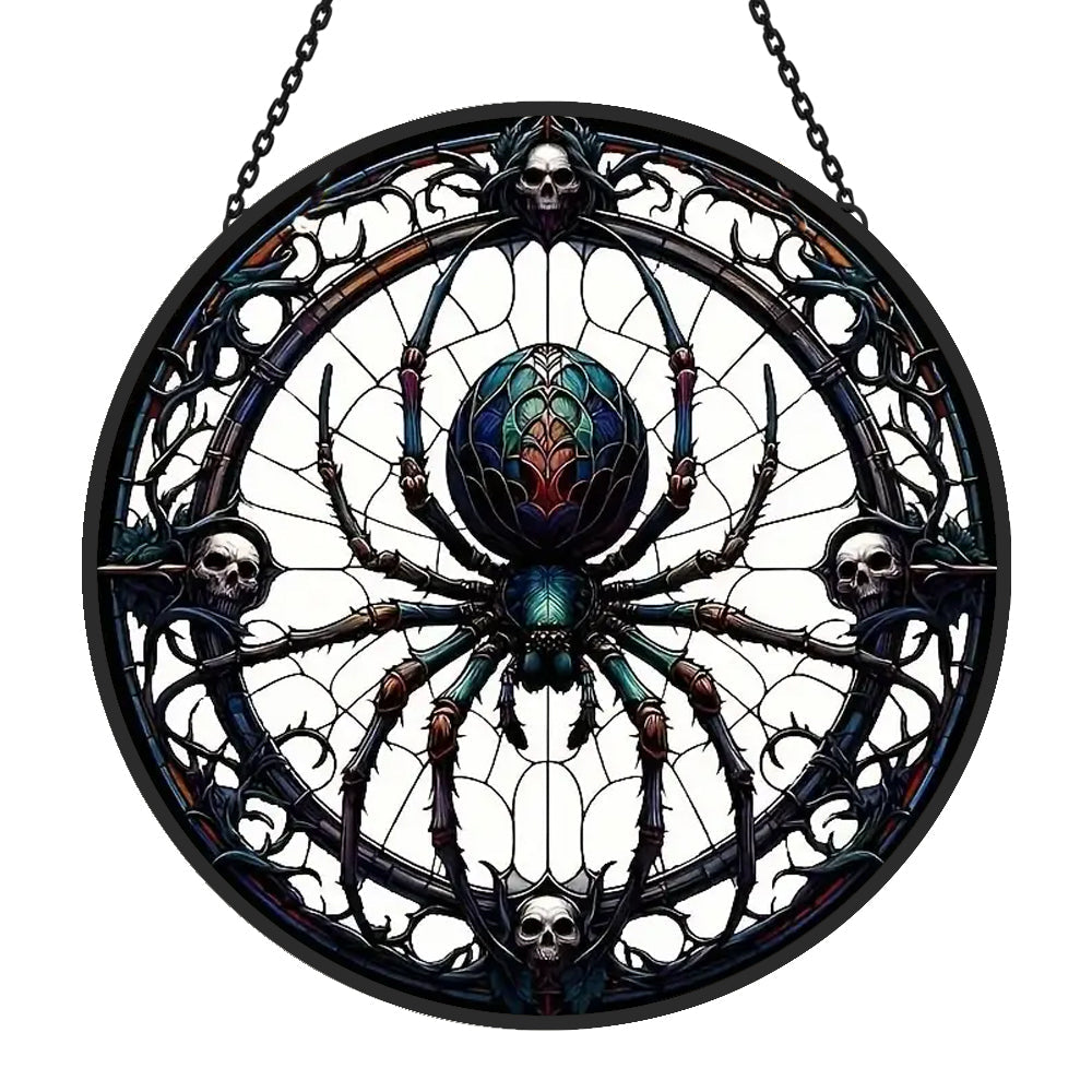 Gothic spider with skulls stained glass suncatcher window hanging, suitable for home and garden decoration