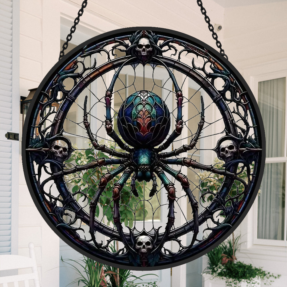 Gothic spider with skulls stained glass suncatcher window hanging, suitable for home and garden decoration