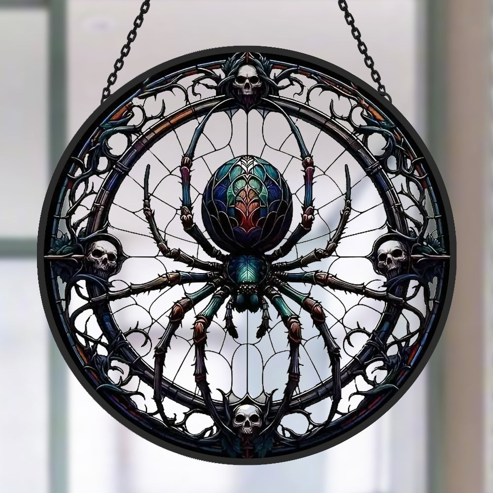 Gothic spider with skulls stained glass suncatcher window hanging, suitable for home and garden decoration