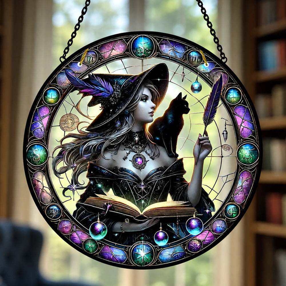 Gothic witch and black cat stained glass suncatcher window hanging, suitable for home and garden decoration
