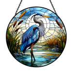 Great blue heron cattail swamp stained glass suncatcher window hanging, suitable for home and garden decoration
