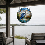 Great blue heron cattail swamp stained glass suncatcher window hanging, suitable for home and garden decoration