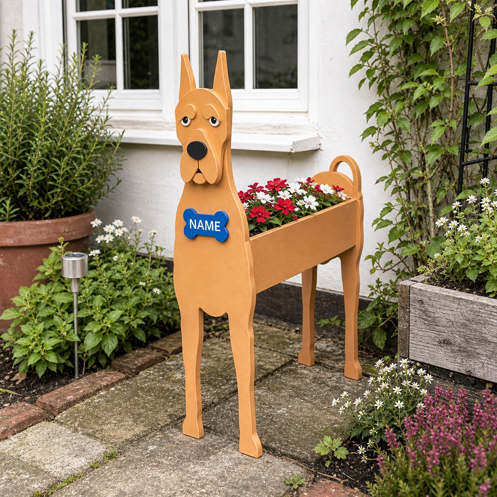 Great Dane dog planter filled with fresh flowers is placed in the garden