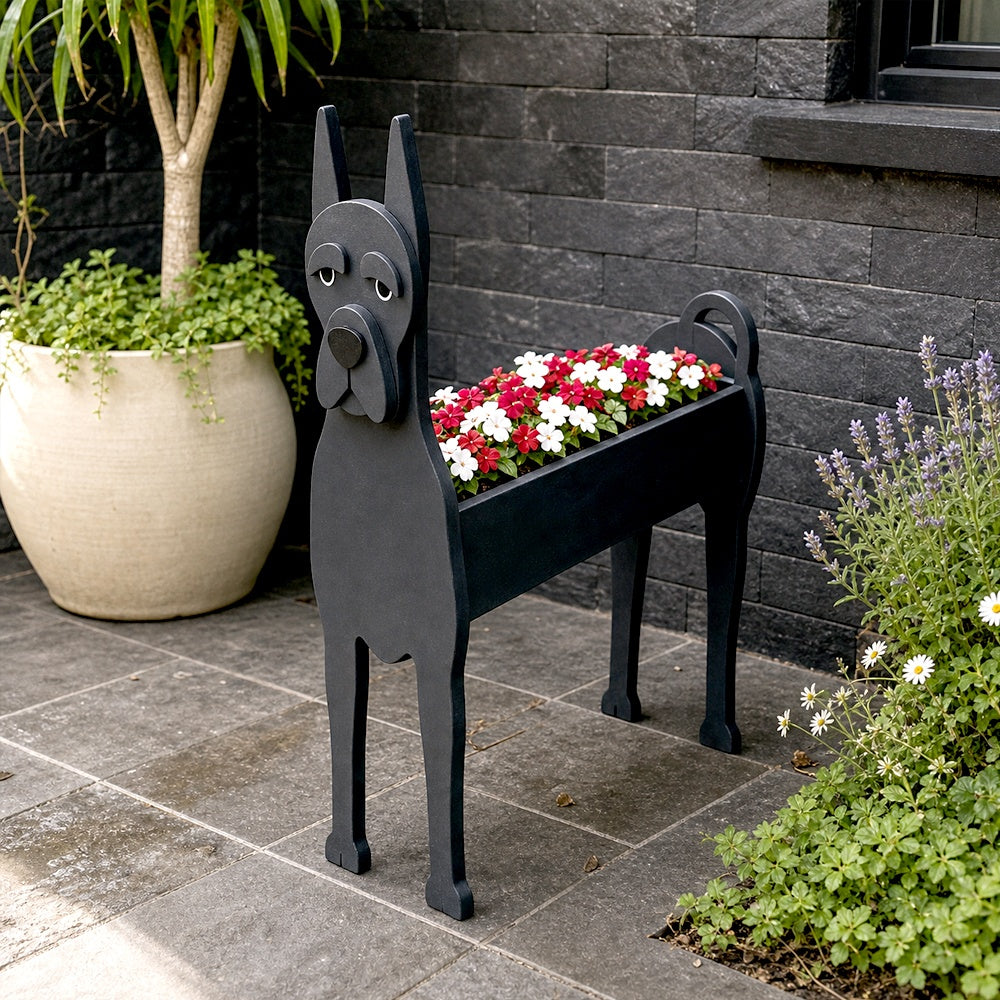Great Dane dog planter filled with fresh flowers is placed in the garden