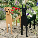 Great Dane dog planters filled with fresh flowers are placed in the garden