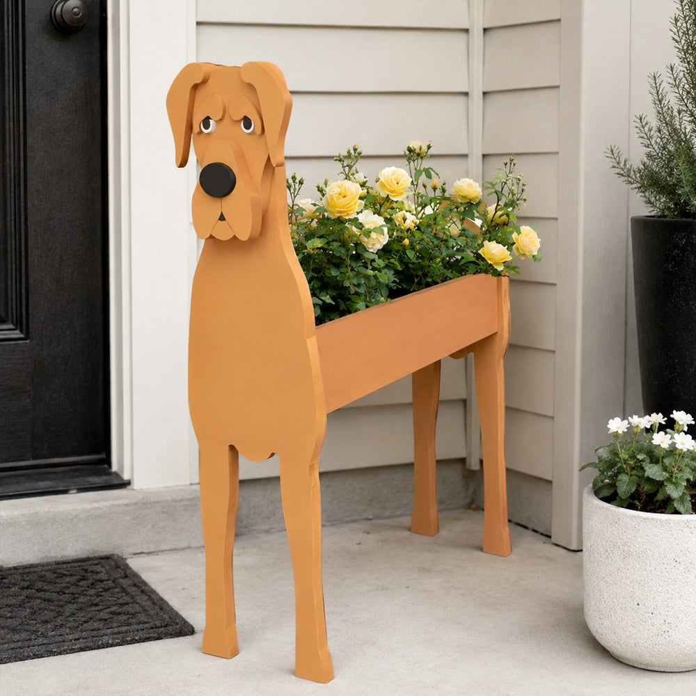 Great Dane dog planter filled with fresh flowers is placed in the garden