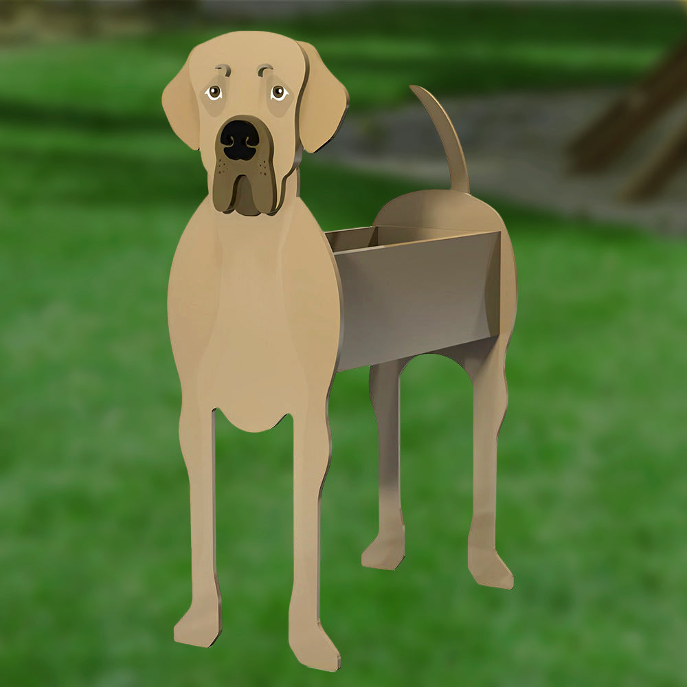 Great Dane dog planter filled with fresh flowers is placed in the garden
