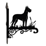 Great dane metal hanging basket bracket mounted on outdoor wall for plant decoration