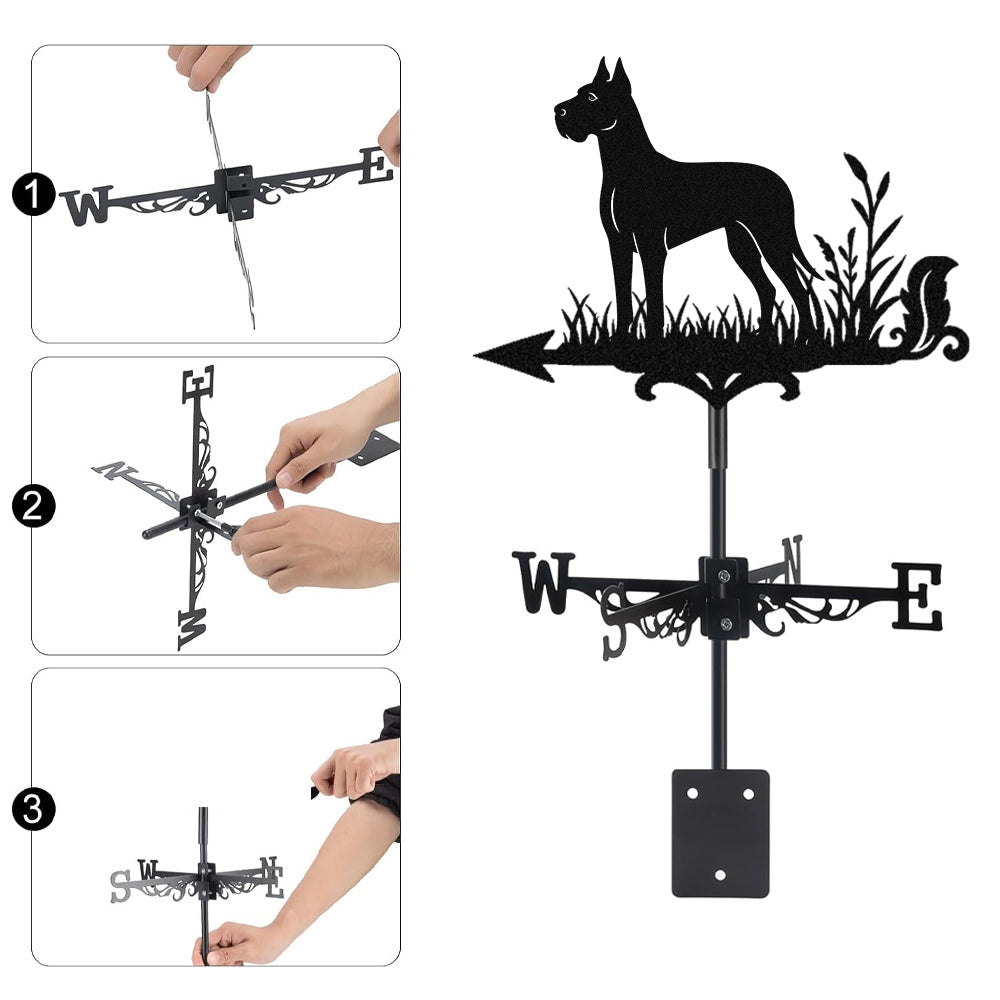 Great Dane metal weather vane with directional arrows and mounting rod, outdoor roof and garden decoration