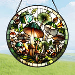 Green forest mushroom stained glass suncatcher window hanging, suitable for home and garden decoration