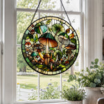 Green forest mushroom stained glass suncatcher window hanging, suitable for home and garden decoration