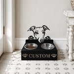 Personalized greyhound metal dog bowl stand with custom name cutout and two removable feeding bowls
