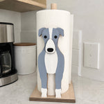 Greyhound Wooden Dog Paper Towel Holder displayed on a kitchen countertop with a freestanding paper towel roll