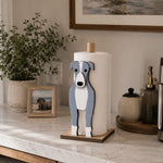Greyhound Wooden Dog Paper Towel Holder displayed on a kitchen countertop with a freestanding paper towel roll