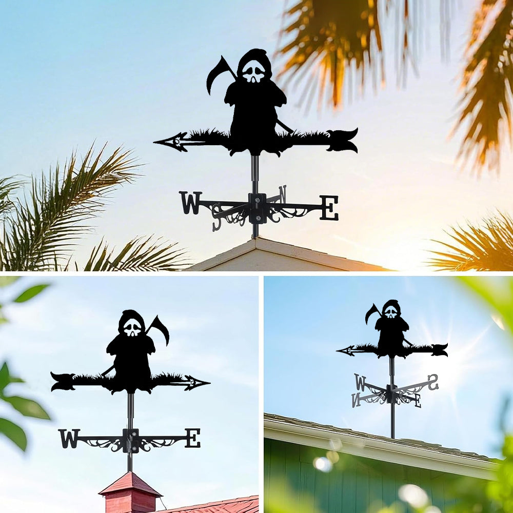 Grim reaper metal weather vane with directional arrows and mounting rod, outdoor roof and garden decoration