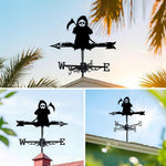 Grim reaper metal weather vane with directional arrows and mounting rod, outdoor roof and garden decoration