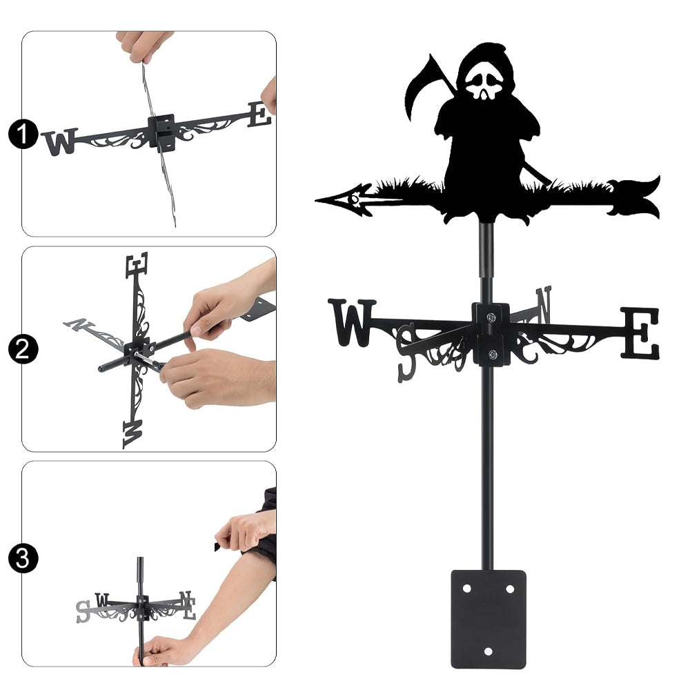 Grim reaper metal weather vane with directional arrows and mounting rod, outdoor roof and garden decoration