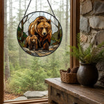 Grizzly bear family stained glass suncatcher window hanging, suitable for home and garden decoration