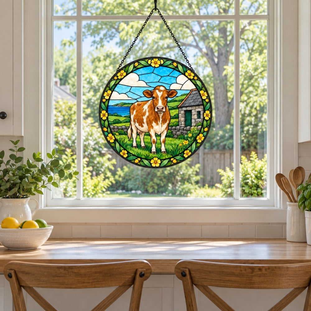 Guernsey cattle stained glass suncatcher window hanging, suitable for home and garden decoration