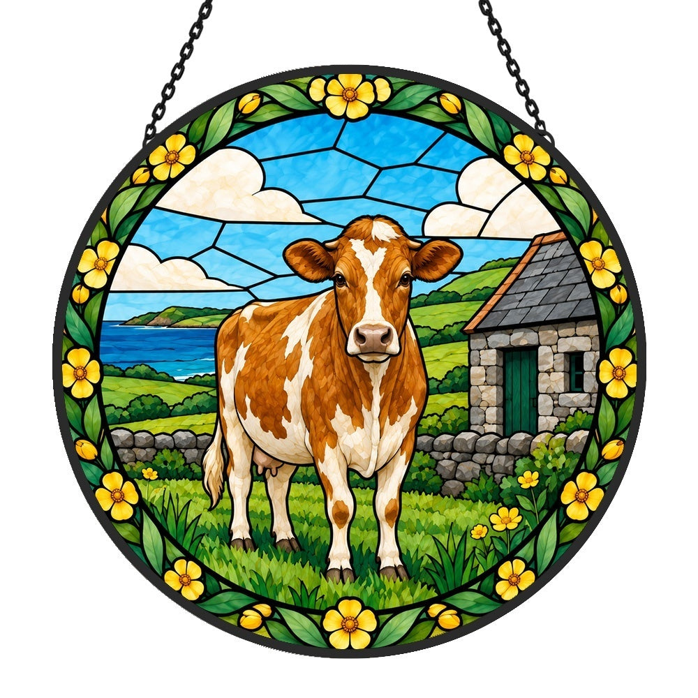 Guernsey cattle stained glass suncatcher window hanging, suitable for home and garden decoration