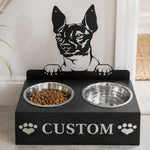 Personalized hairless terrier metal dog bowl stand with custom name cutout and two removable feeding bowls