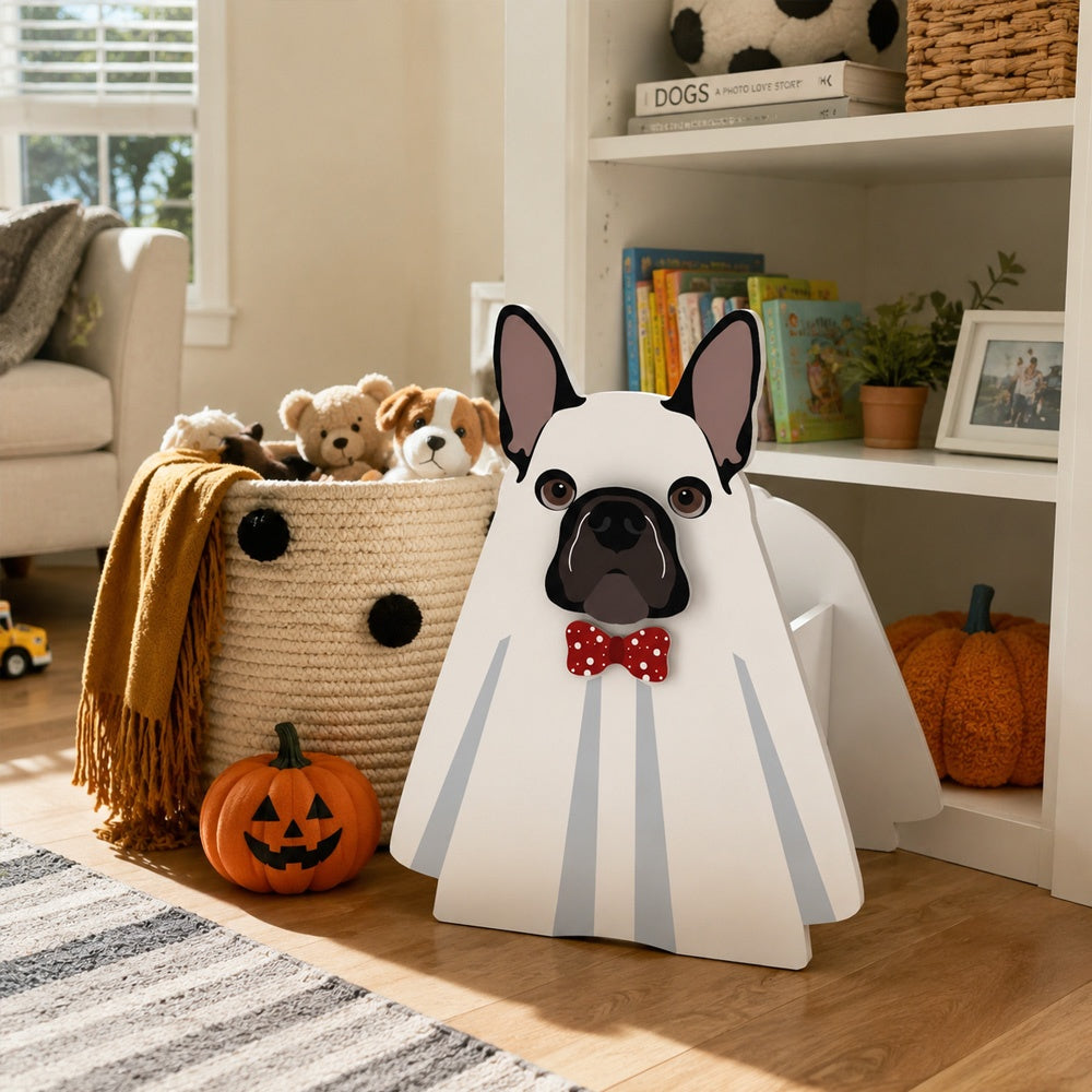 Halloween French Bulldog Planter filled with fresh flowers is placed in the garden