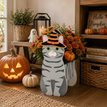 Halloween Silver Tabby Cat Planter filled with fresh flowers is placed in the garden