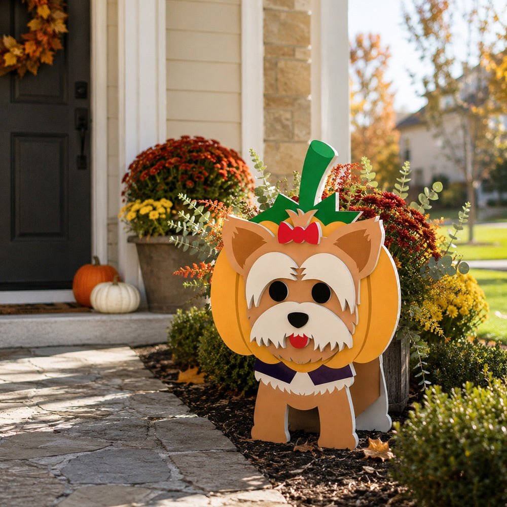 Halloween Yorkshire Terrier Dog Planter filled with fresh flowers is placed in the garden