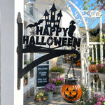 Happy halloween haunted castle metal hanging basket bracket mounted on outdoor wall for plant decoration