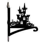 Haunted castle and pumpkins metal hanging basket bracket mounted on outdoor wall for plant decoration