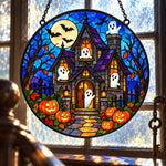 Haunted House Halloween stained glass suncatcher window hanging, suitable for home and garden decoration