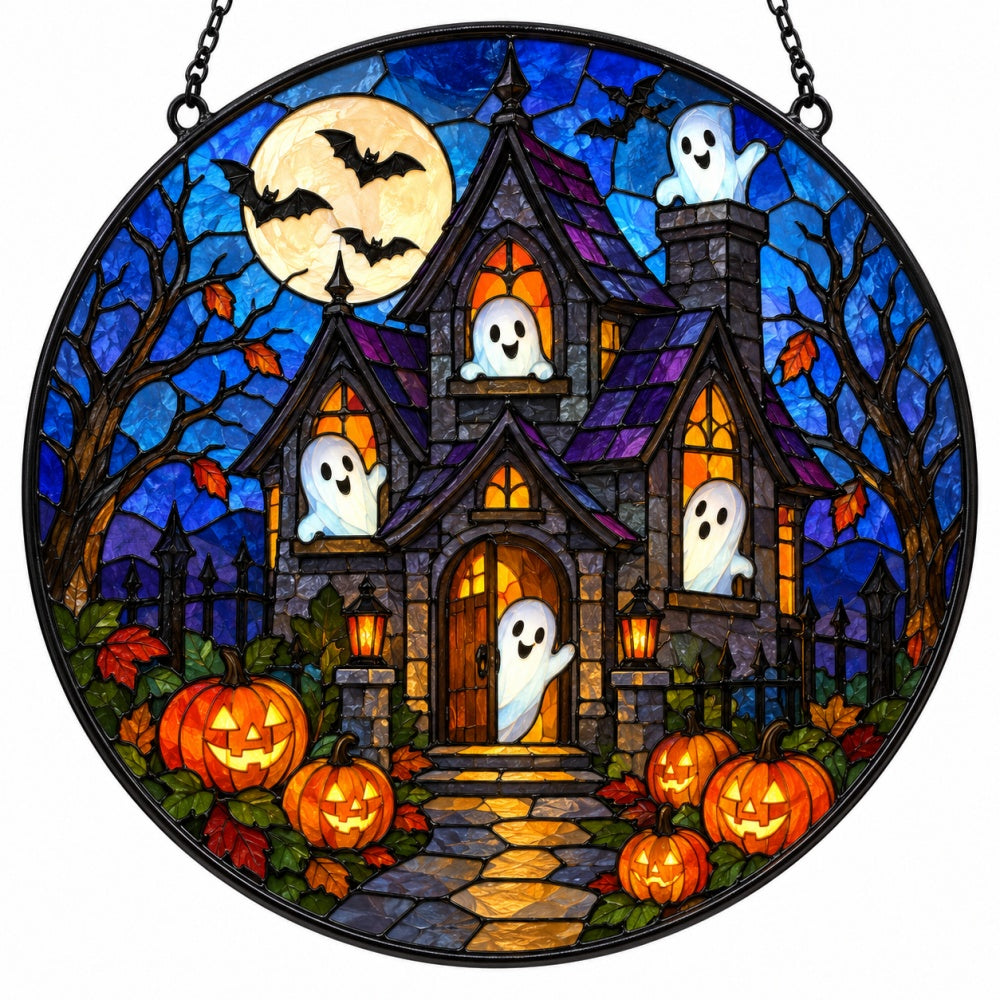 Haunted House Halloween stained glass suncatcher window hanging, suitable for home and garden decoration