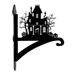 Haunted house metal hanging basket bracket mounted on outdoor wall for plant decoration