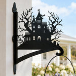 Haunted house metal hanging basket bracket mounted on outdoor wall for plant decoration