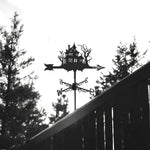 Haunted house metal weather vane with directional arrows and mounting rod, outdoor roof and garden decoration
