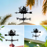 Haunted house metal weather vane with directional arrows and mounting rod, outdoor roof and garden decoration