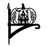 Haunted pumpkin castle metal hanging basket bracket mounted on outdoor wall for plant decoration
