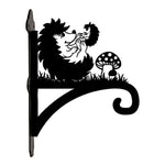 Hedgehogs with mushroom metal hanging basket bracket mounted on outdoor wall for plant decoration