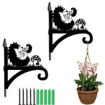 Hedgehogs with mushroom metal hanging basket bracket mounted on outdoor wall for plant decoration