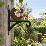 Hedgehogs with mushroom metal hanging basket bracket mounted on outdoor wall for plant decoration