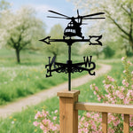 Helicopter metal weather vane with directional arrows and mounting rod, outdoor roof and garden decoration