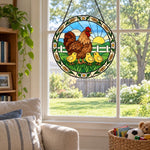 Hen and chicks stained glass suncatcher window hanging, suitable for home and garden decoration