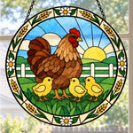 Hen and chicks stained glass suncatcher window hanging, suitable for home and garden decoration
