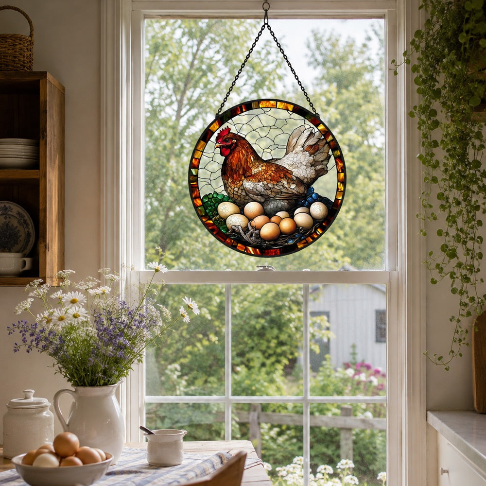 Hen nesting with eggs stained glass suncatcher window hanging, suitable for home and garden decoration