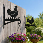 Hen with chicks metal hanging basket bracket mounted on outdoor wall for plant decoration