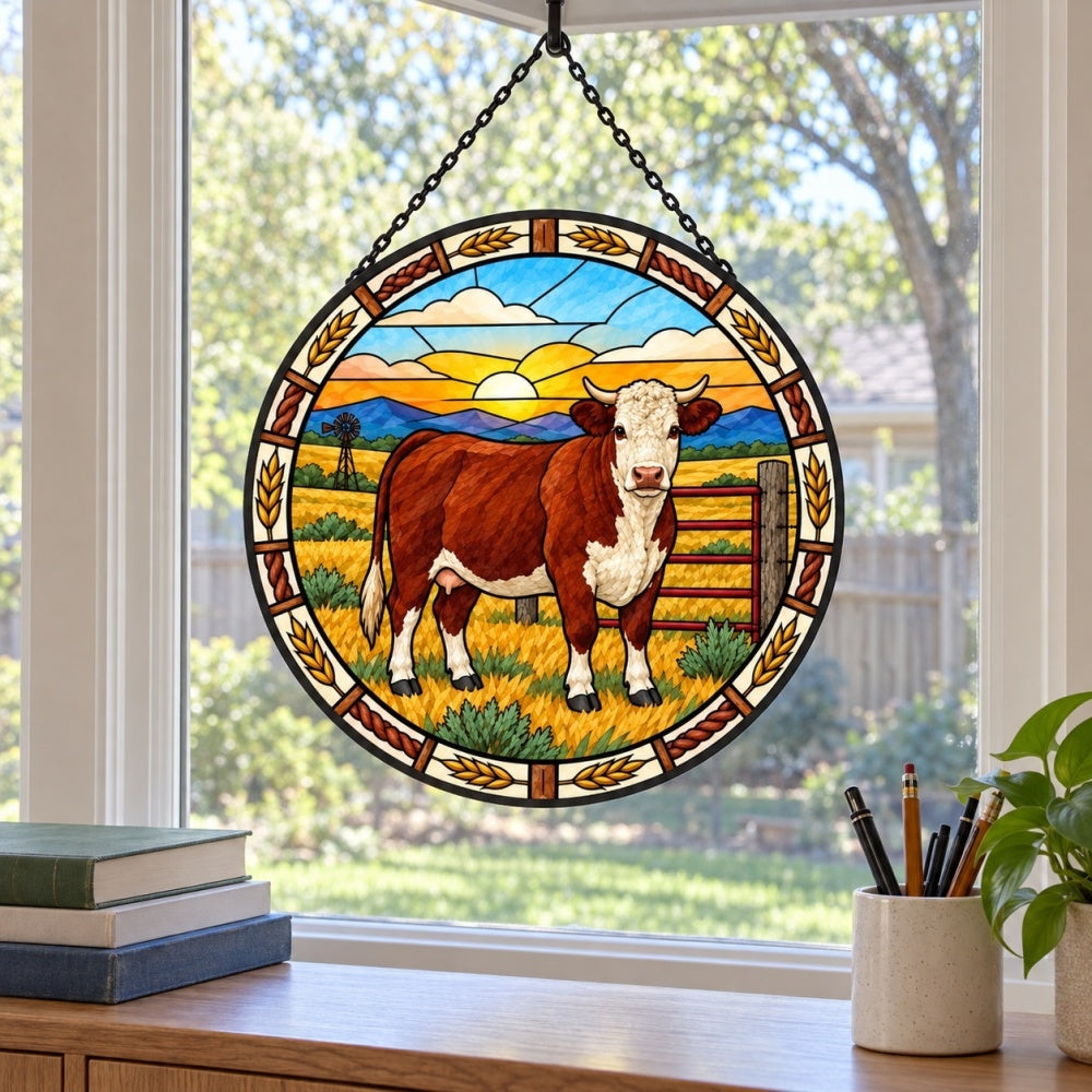 Hereford cattle stained glass suncatcher window hanging, suitable for home and garden decoration