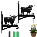 Highland cow silhouette metal hanging basket bracket mounted on outdoor wall for plant decoration