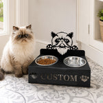 Personalized himalayan cat metal cat bowl stand with custom name cutout and two removable feeding bowls