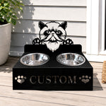 Personalized himalayan cat metal cat bowl stand with custom name cutout and two removable feeding bowls