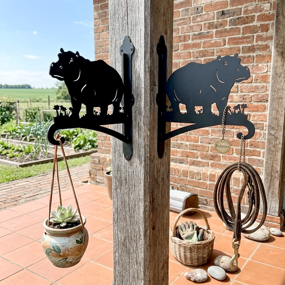 Hippo silhouette metal hanging basket bracket mounted on outdoor wall for plant decoration